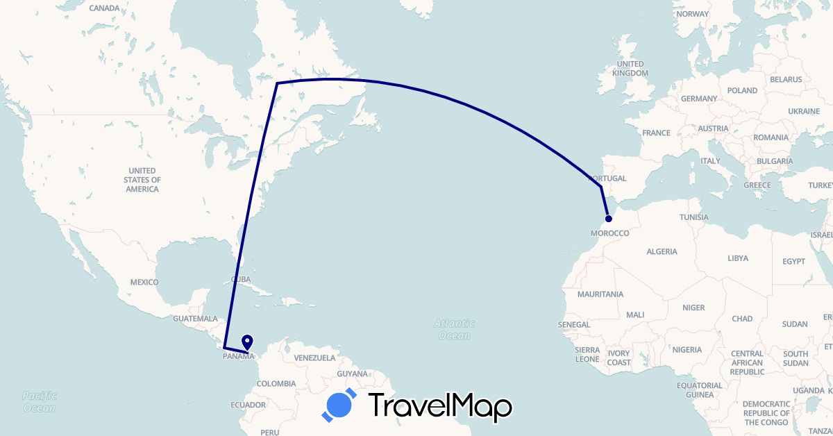 TravelMap itinerary: driving in Canada, Costa Rica, Morocco, Panama, Portugal (Africa, Europe, North America)